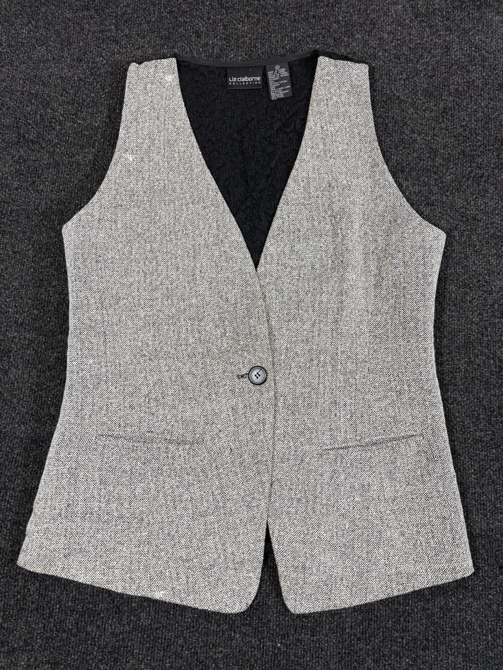Liz Claiborne Collection Vest Womens 12 Gray Tweed One Button Lace Back Suit